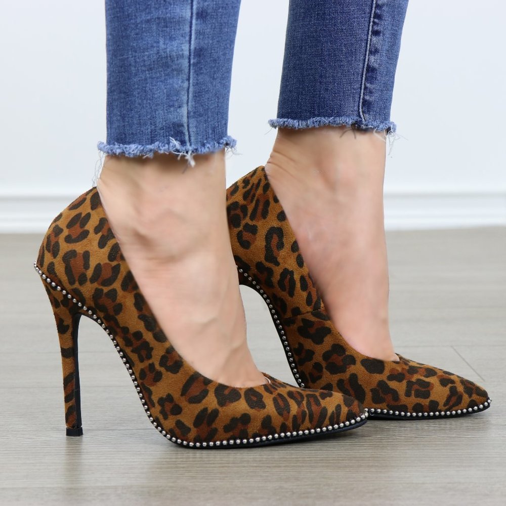 Leopard Vegan Suede High Heel Pumps With Studs - Picture 5 of 6